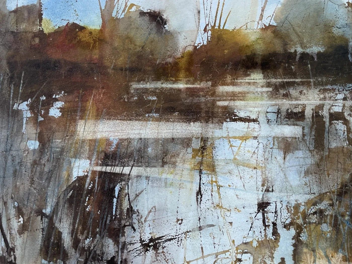 Loose watercolour of reeds and trees at the edge of still water in brown, rust and grey tones