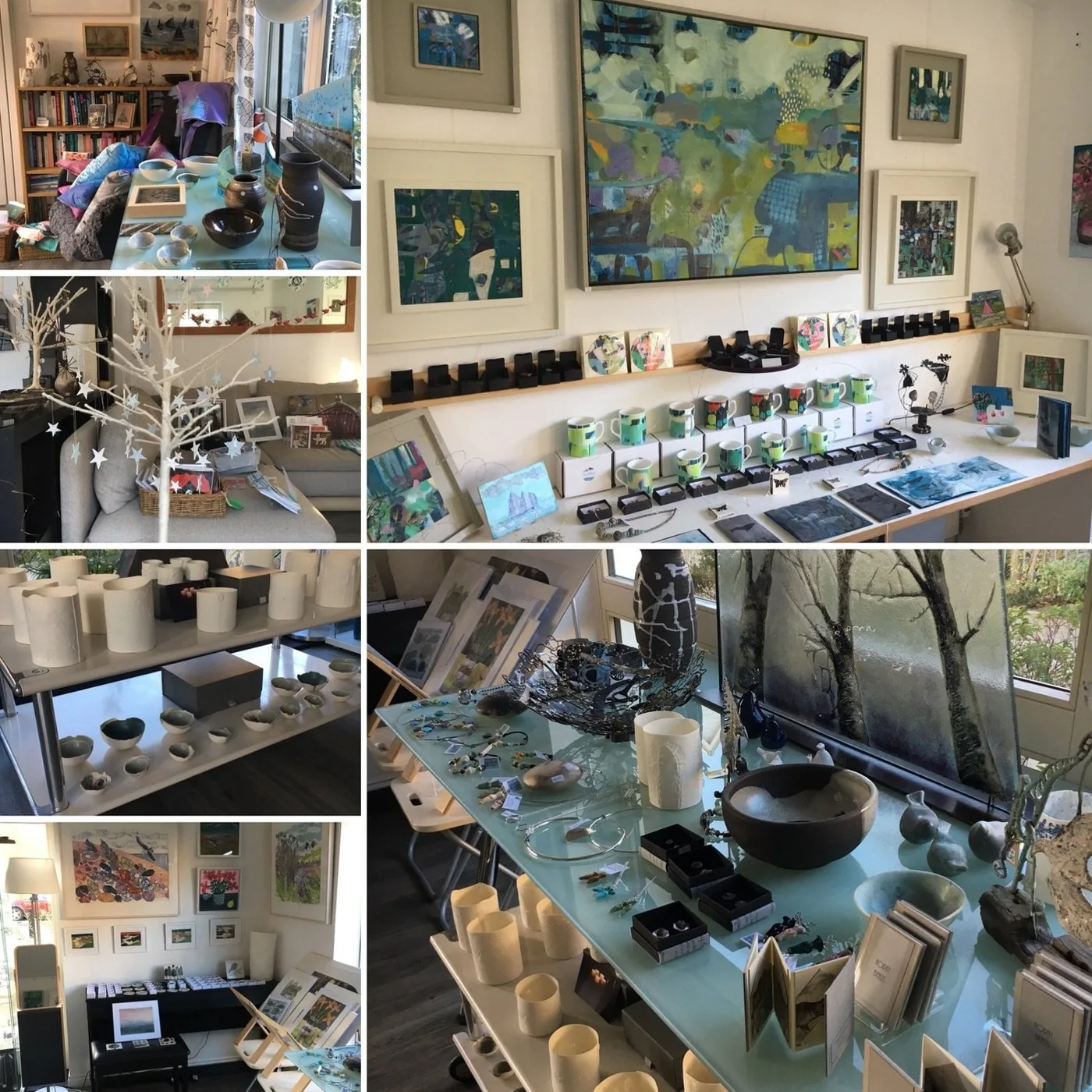 Paintings, ceramics, jewellery and prints set out among the furniture of the Shipyard Studios living room